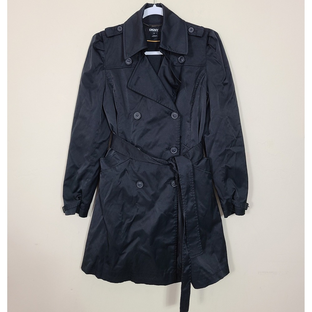 DKNY Black Trench Rain Coat S Lined Belted Pleated Casual Streetwear Fleur Noire